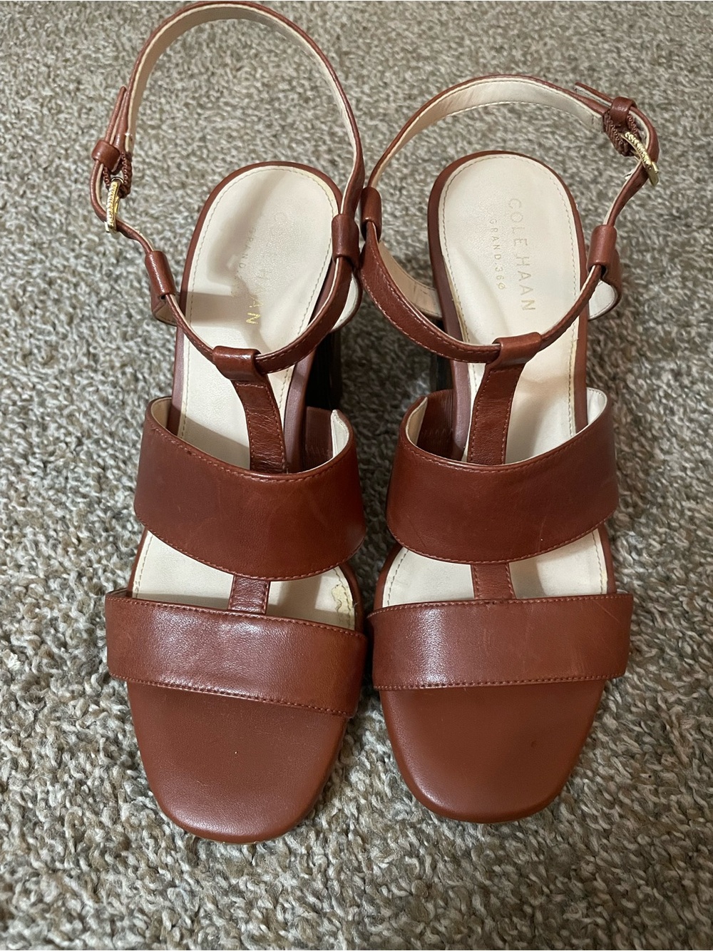 Cole Haan Strappy Brown Leather High Block Heel Sexy Sandal Size 5 US Women’s
